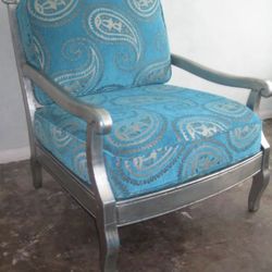 Beautiful Silverleaf Armchair Upholstered In Blue Moroccan velvet in a paisley pattern
