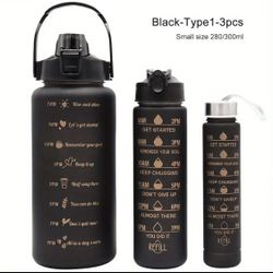 3 in 1 Set Gym Motivational Water Bottle Sports BPA Free Time Marker 64,32,15oz