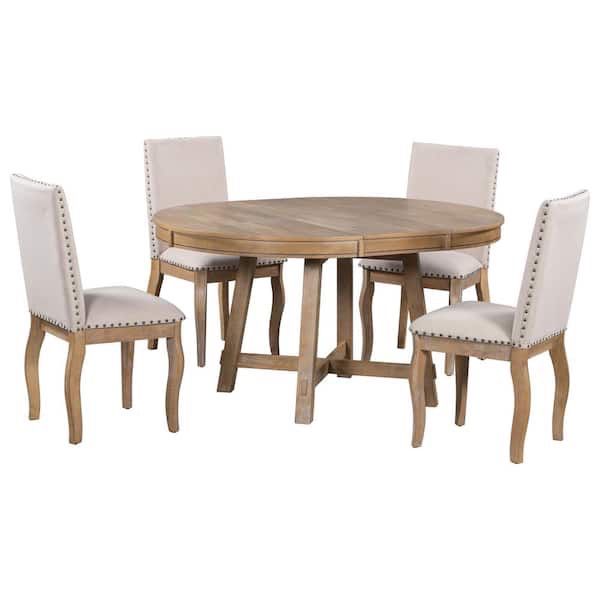 5-Piece Farmhouse Natural Wood Dining Set - Expandable (42”-58”) Dining Table & 4 - Beige Upholstered Dining Chairs [NEW IN BOX] **Retails for $1100