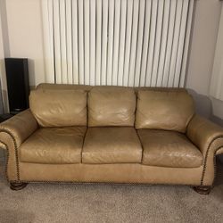 Tan Leather Couch & Armchair With Ottoman