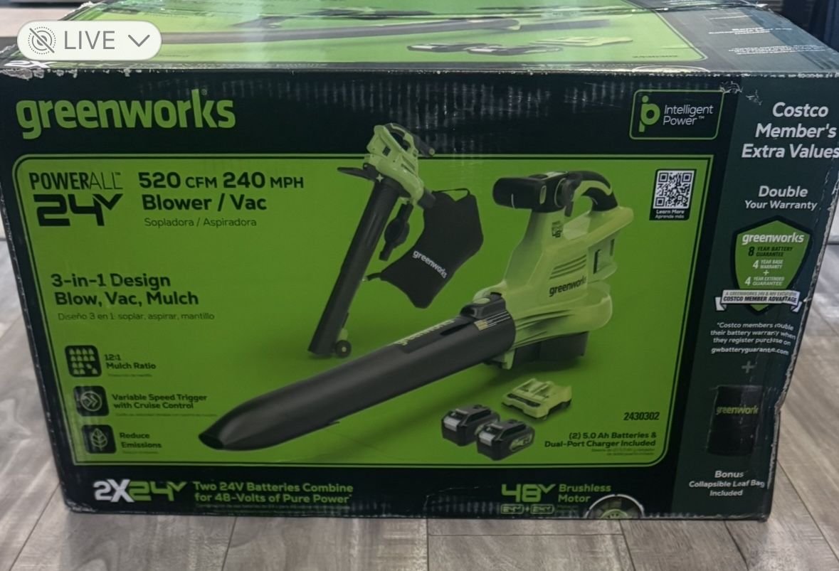 Greenworks 24V Blower/Vacuum with Two (2) 5.0Ah Batteries & Dual-Port Charger (New)