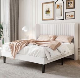 Queen Size Velvet Bed Frame/Vertical Channel Tufted Wingback Headboard/Upholstered Platform Bed/Strong Wooden Slats/No Box Spring Needed/Easy Assembly