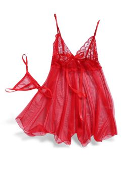 Size M | Sexy Women’s Red Lace See-Through Babydoll Nightgown