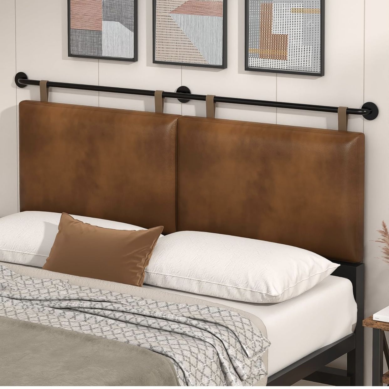 Queen Headboard, Hanging Headboards with Brown Faux Leather Industrial Pipe Modern Style