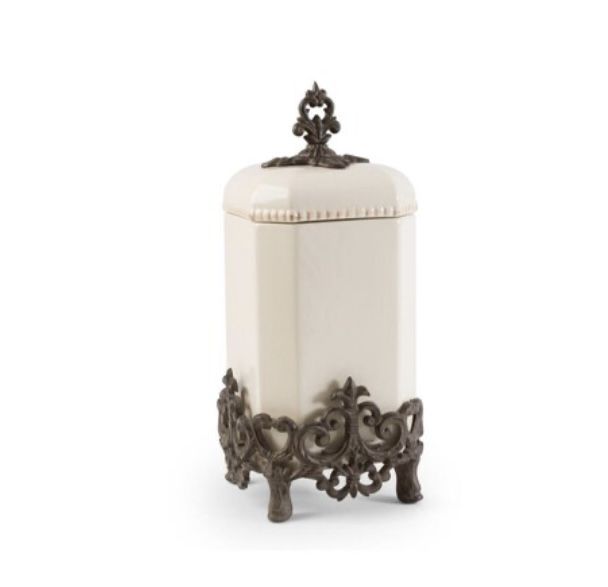 Cream Stoneware 16” Canister With Metal Provincial Acanthus Leaf Base.