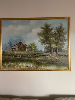 Framed Oil Painting Rural Barn Landscape