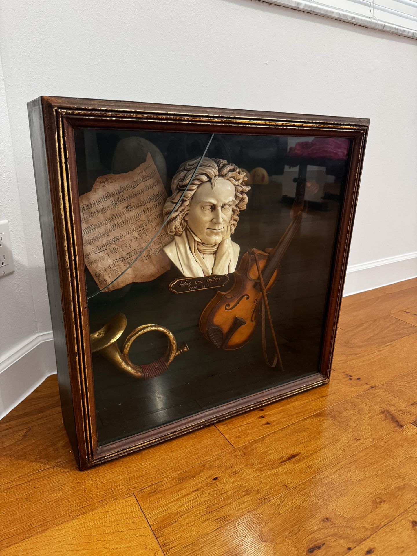RARE vintage beethoven memorabilia collectible display  Glass has crack, but can be replaced  Heavy & collectible Measures 2 feet by 2 feet   Pick up 