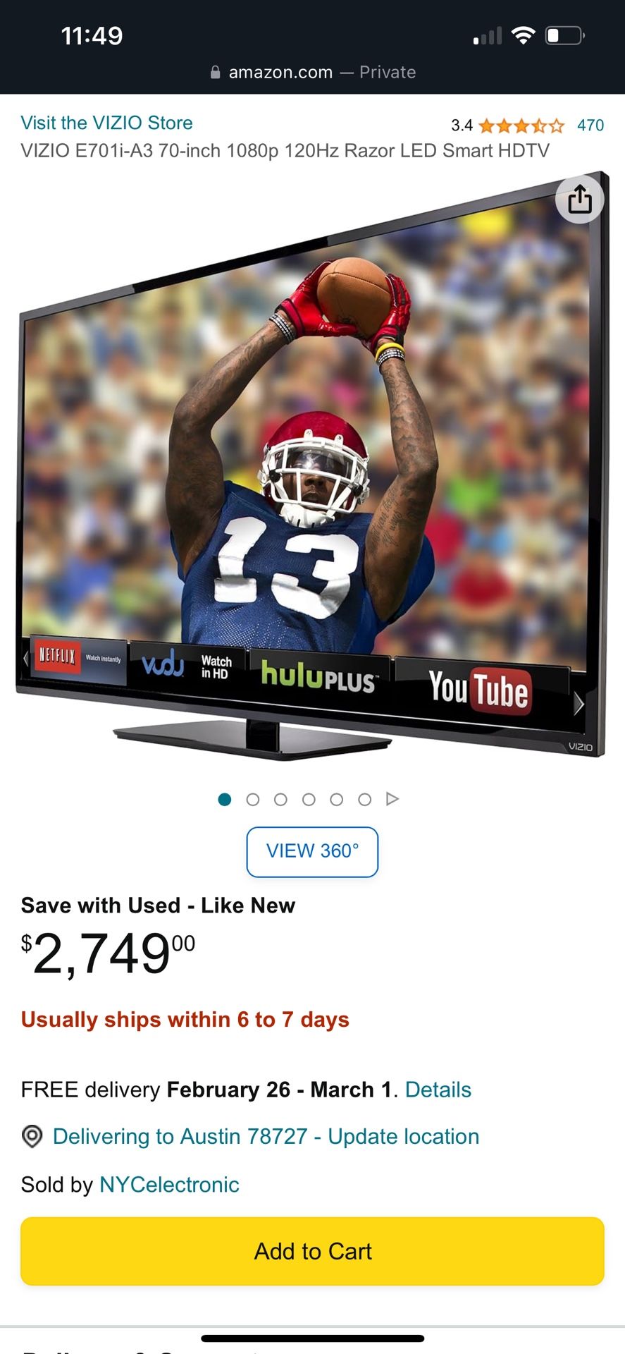 VIZIO E701iA3 70inch 1080p 120Hz Razor LED Smart HDTV for Sale in