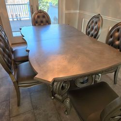 Antique Silver Luxury Dining Table with 6 Chairs
