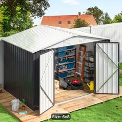 $300!!! 8’x6’ gray/white Metal Storage Shed with front doors new in box with base, NO HOLDS!!!