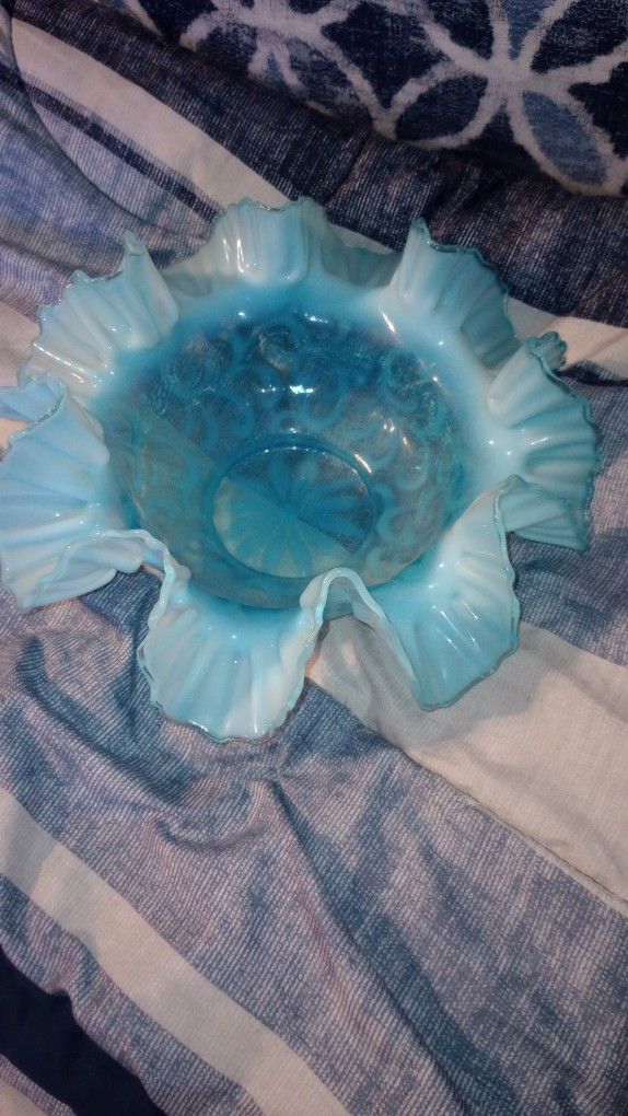 Vintage 40s Glass Lace Ruffle Aqua Bridal Bowl