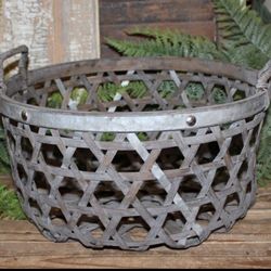 NEW Large Rustic Tobacco Weave & Galvanized Metal Farmhouse Basket