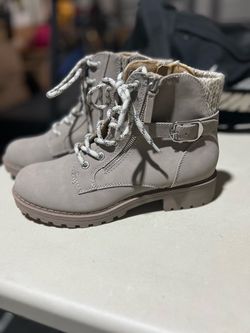 Gray Zip Up Boots with Buckle and Knit ankle