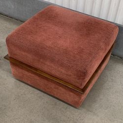 MCM 1960’s red rust upholstered w/ solid wood middle trim ottoman 