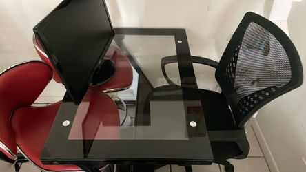 Desk, Monitor, Desk Chair And High Stool Chair With Back