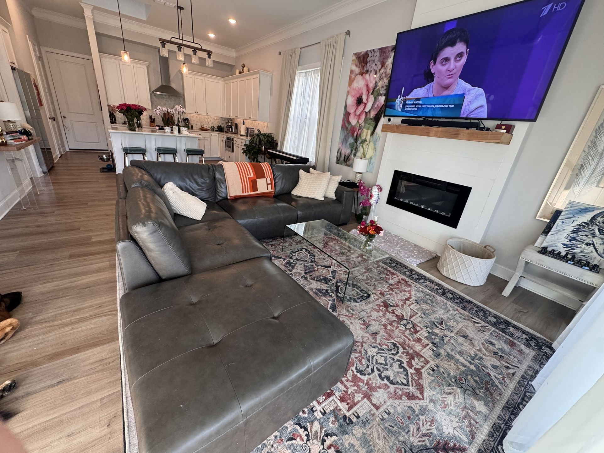 Modern Leather Sectional + Glass Coffee Table Set