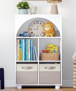 BRAND NEW IN BOX Book Shelf with 4 Cubes and Arched Design, Playroom Toy Organizer, Versatile