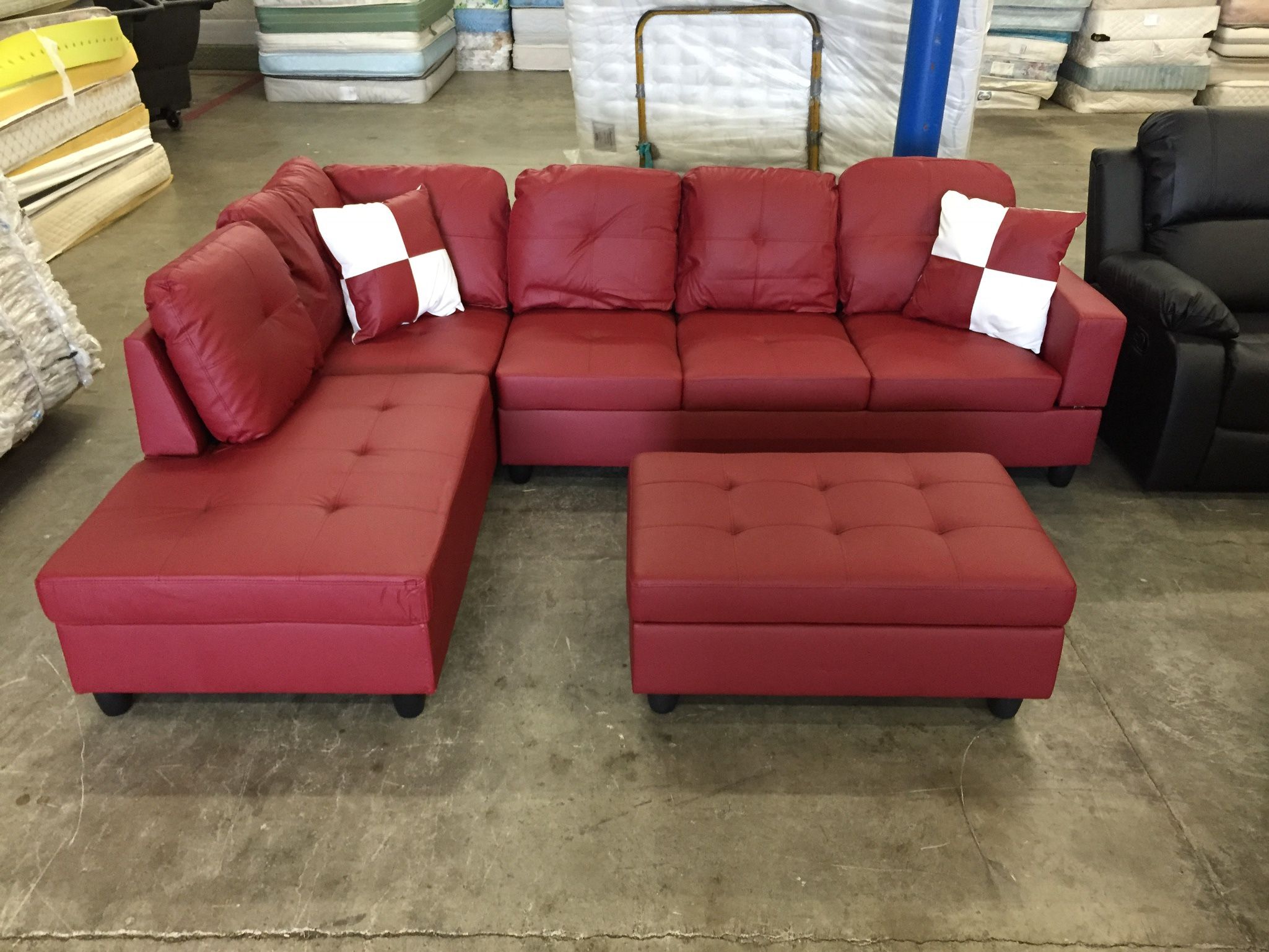 Red Leather Sectional Couch And Ottoman