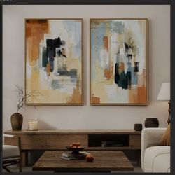 Large Framed Neutral Abstract Wall Art Set of 2 for Living Room, 24x36 In