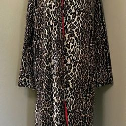 Nick & Nora Wild Cat Leopard Print Fleece Robe Womens Size M/L Red Lined No Belt