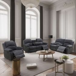 Dark Microfiber   Fully Reclining Three Piece Couch Set