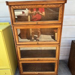 Antique / Vintage mid century Barristers Oak & Glass 4-Tier Bookcase Shelf Cabinet. Good condition . measurements 13 1/2 deep x 32 1/2 x L x 58 H. 