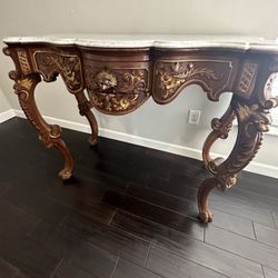 Giltwood and White Marble-Top Console Table with Scrolls