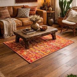 Hand-knotted Indian Sari Silk Rug - Abstract Gold, Red -  61" x 33.5"