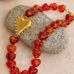 N170- Amber Resin Heart Love Chain Necklace!