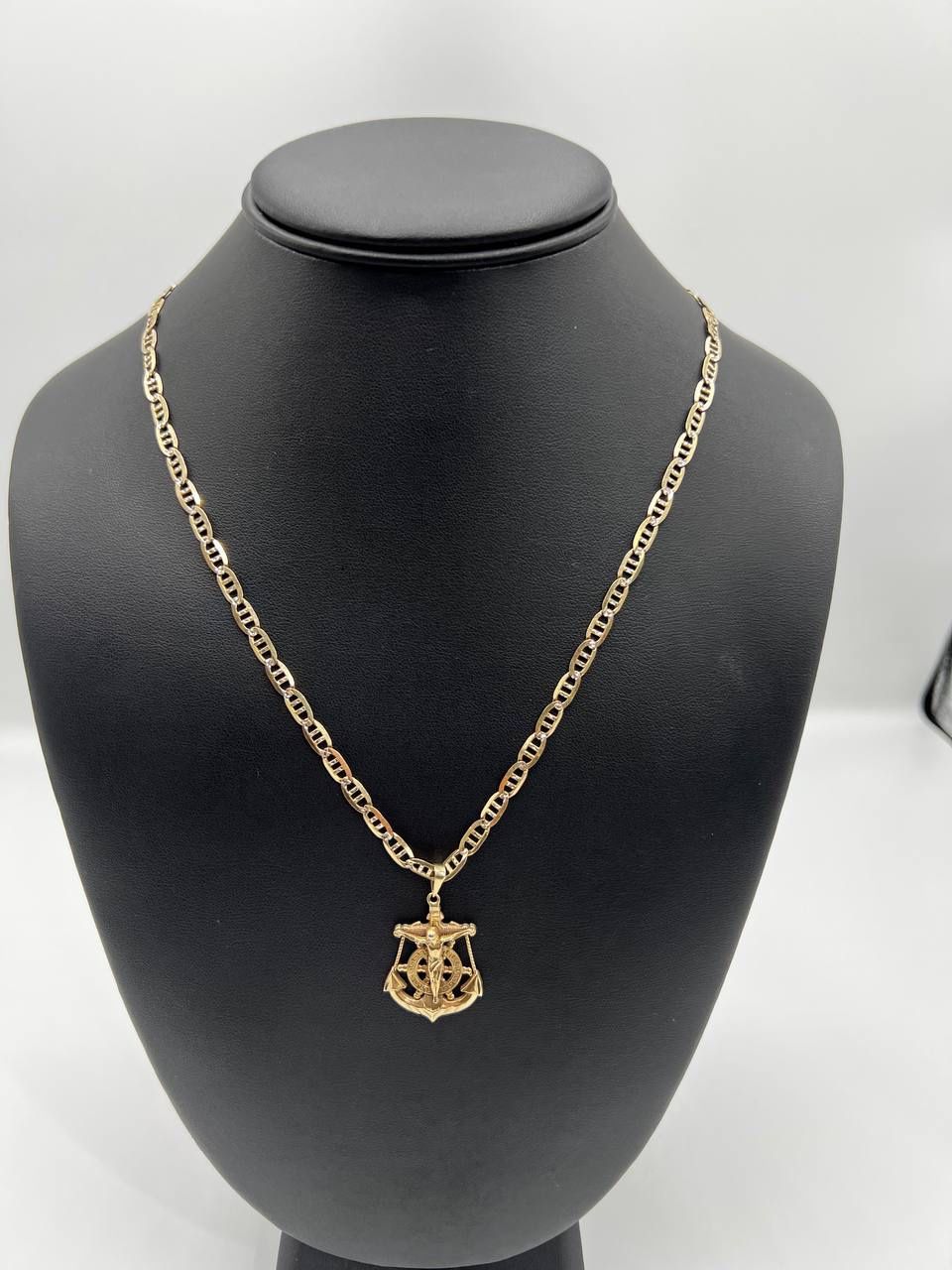 10k solid gold Mariner necklace chain with Jesus on anchor pendant made of 10k solid gold