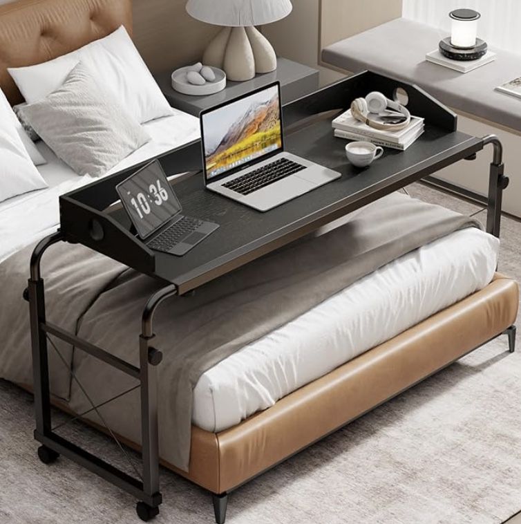!!BRAND NEW!! Unbox!! Laptop Desk for Bed, Adjustable Height & Length Laptop Bed Table,Overbed Table with Wheels for King & Queen Size Beds,Rolling St