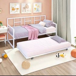 Daybed with Trundle, Adjustable Height Twin Daybed with Pull Out Trundle, Sofa Bed Couch with Steel