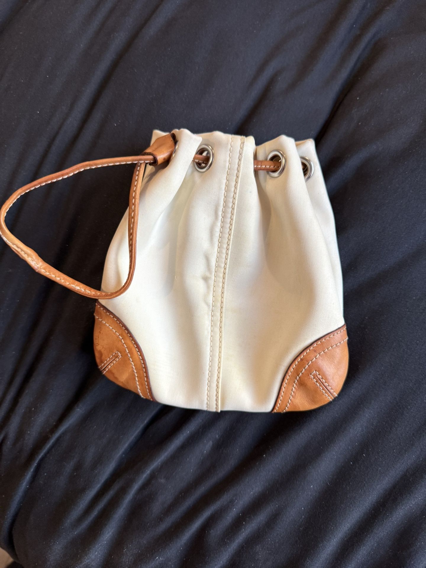 Coach Beige Whiskey Brown Leather Trim Drawstring Pouch Wristlet Bag Small