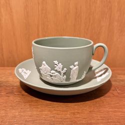 Wedgwood - Cream Color on Celadon Jasperware Cup & Saucer Set - England