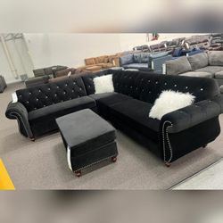 Modern elegant comfortable Black velvet sectional couch/ottoman not included