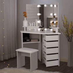 New white Corner Vanity Desk With Lights