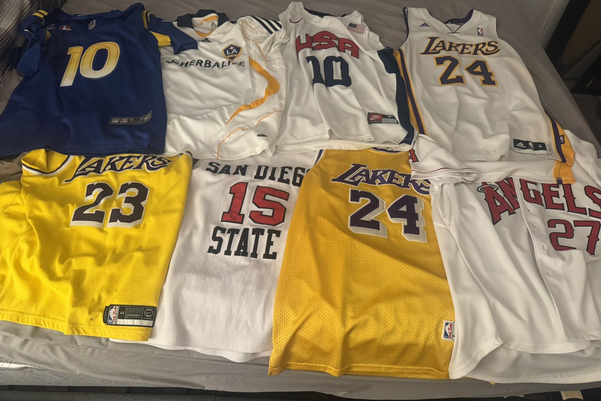 8 Replica Jerseys - Kobe (3), LeBron, Kawhi, Kupp, Beckham, Trout - $360 OBO