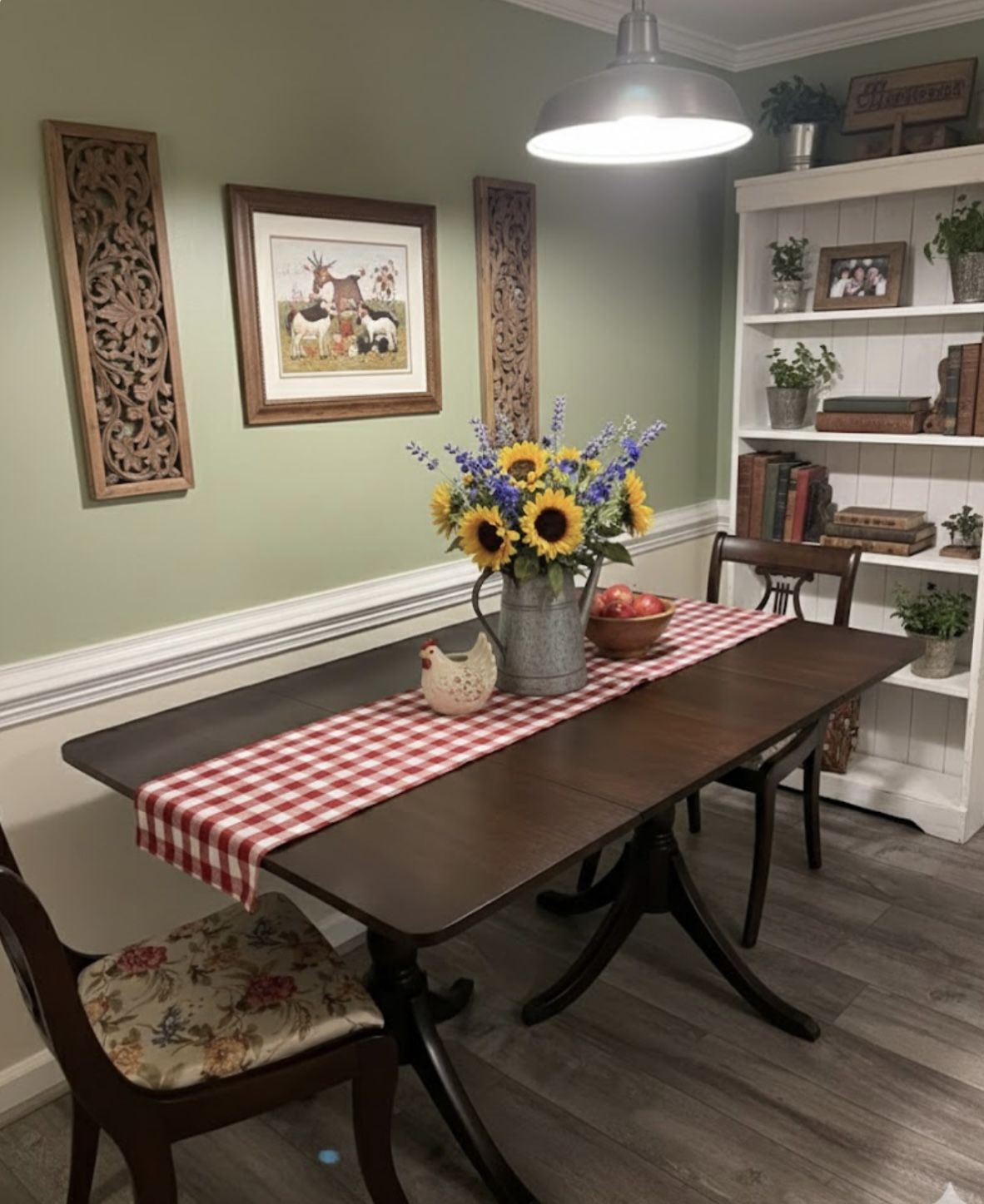 Restored Duncan Phyfe drop leaf table with two lyre back chairs