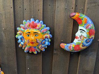 Mexican Talavera Sun and Moon Wall Decor, Pottery, Clay Pots, Planters.