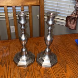 Two 10 Inch Pewter Pillar Candle Holders 