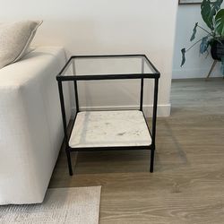 Black Metal Frame Side Table With Glass Top & Marble Bottom
