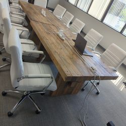 12 Ft Wooden Conference Table w/ 12 White Leather Office Chairs