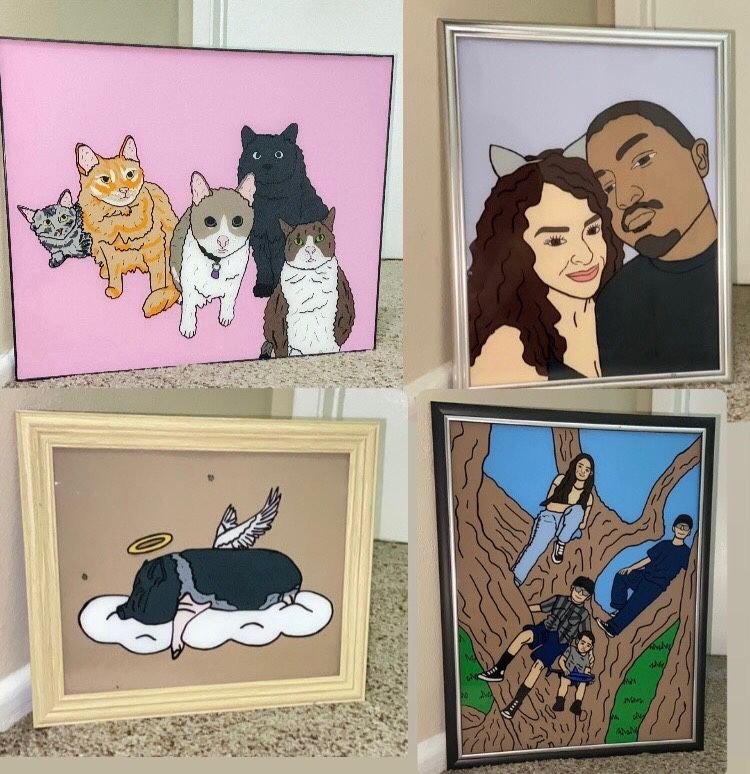 Glass Paintings Family, Friends, Pets, Anime & Cartoon Portraits Available LOCATED IN COVINA