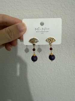 Gold Fan Drop Earrings with Purple and purple Beads