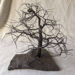 MCM Twisted Wire Tree w/ Bird Nest Art Sculpture