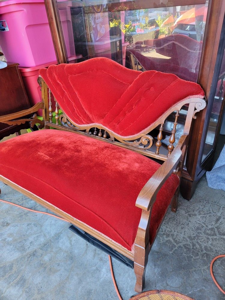 Red Velvet Loveseat And 2 Chairs