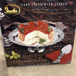 Silver plated Metal Cake Stand With Serving Piece, 12” A Little Discoloration On Side And On Back Shown In Picture