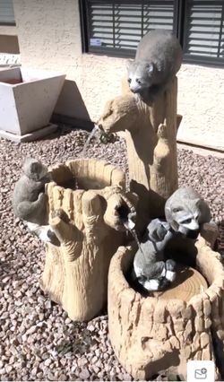Water Fountain, Cast Stone, Raccoons Mischief.