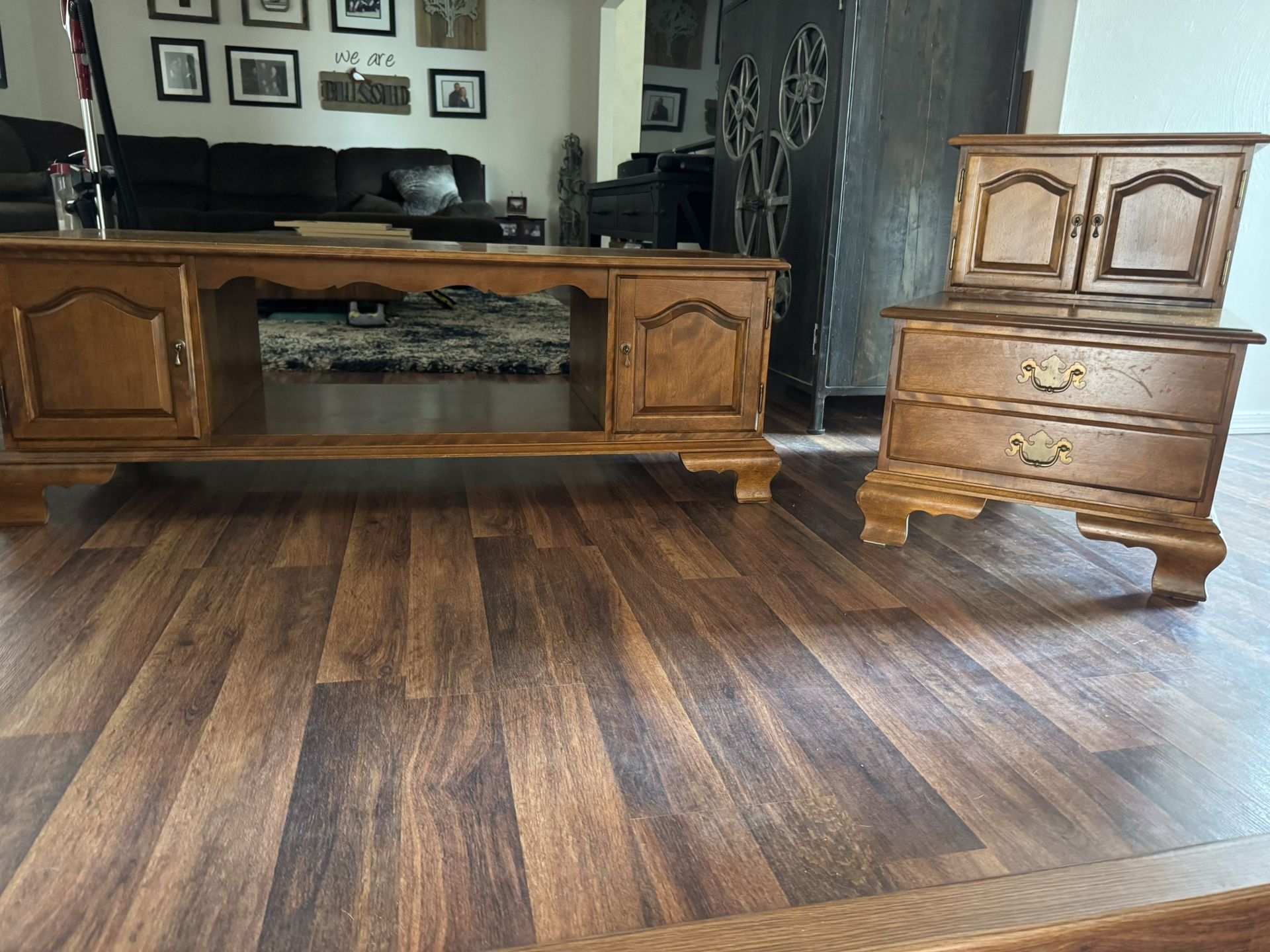 Wooden Coffee Table and Side Cabinet Set.