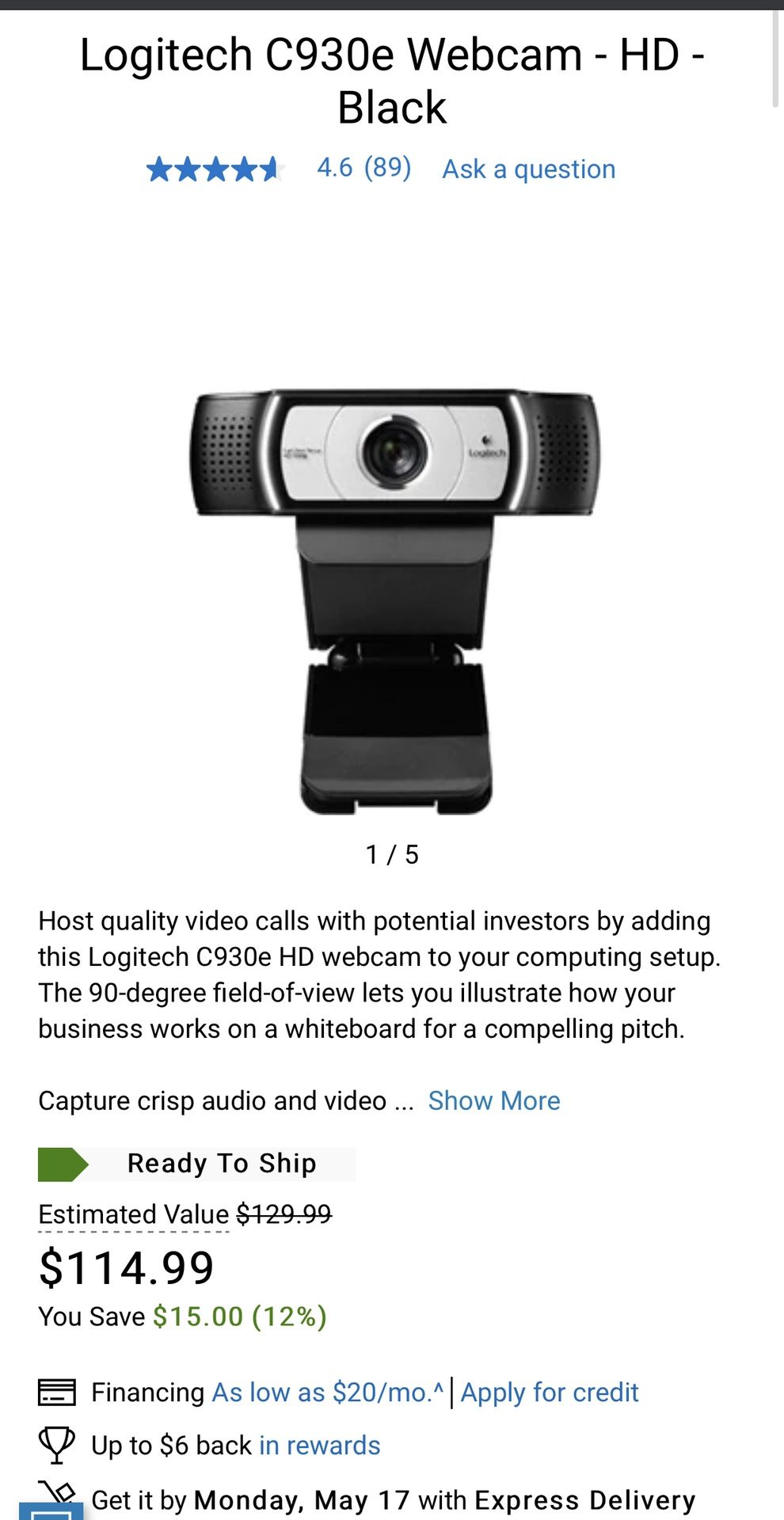 Logitech C930e Webcam - HD - Black